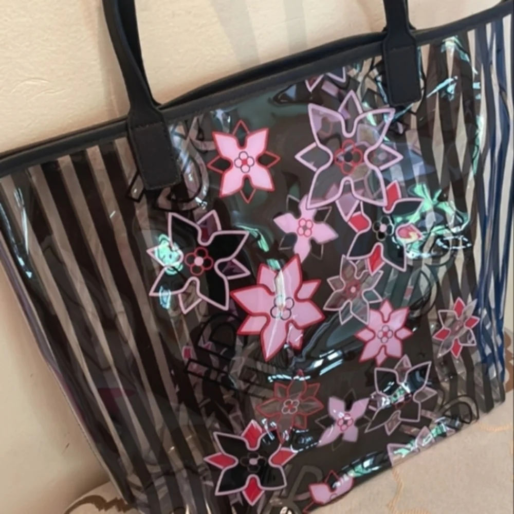 🌸 Henri Bendel Pink Floral PVC Striped/Clear Tote Bag NWOT! - Picture 9 of 11